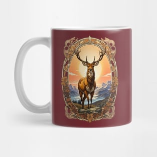 Majestic Deer with mountain sunset background retro vintage design Mug